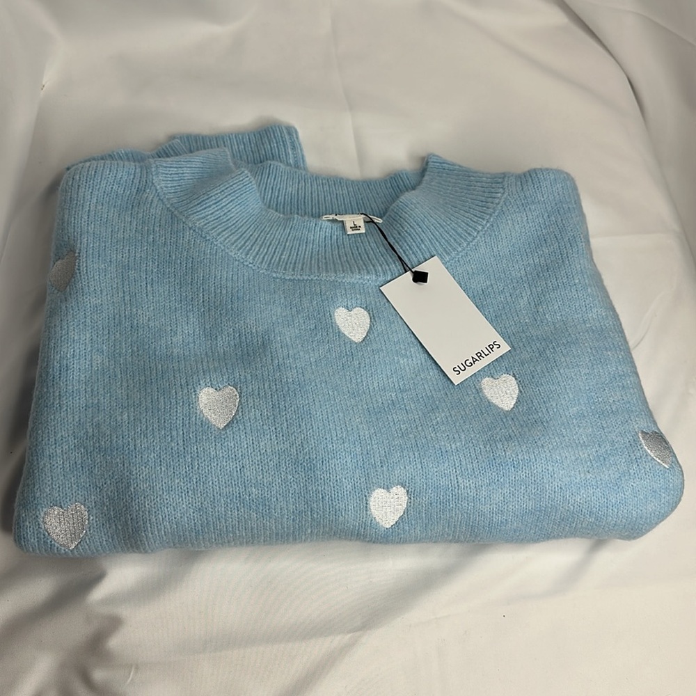 SUGARLIPS LARGE Women’s Long Sleeve NWT EMBROIDERED HEARTS SWEATER - Picture 5 of 6
